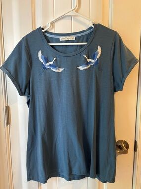 Women’s Short Sleeve Tee with Embroidered Cranes - Slate Blue